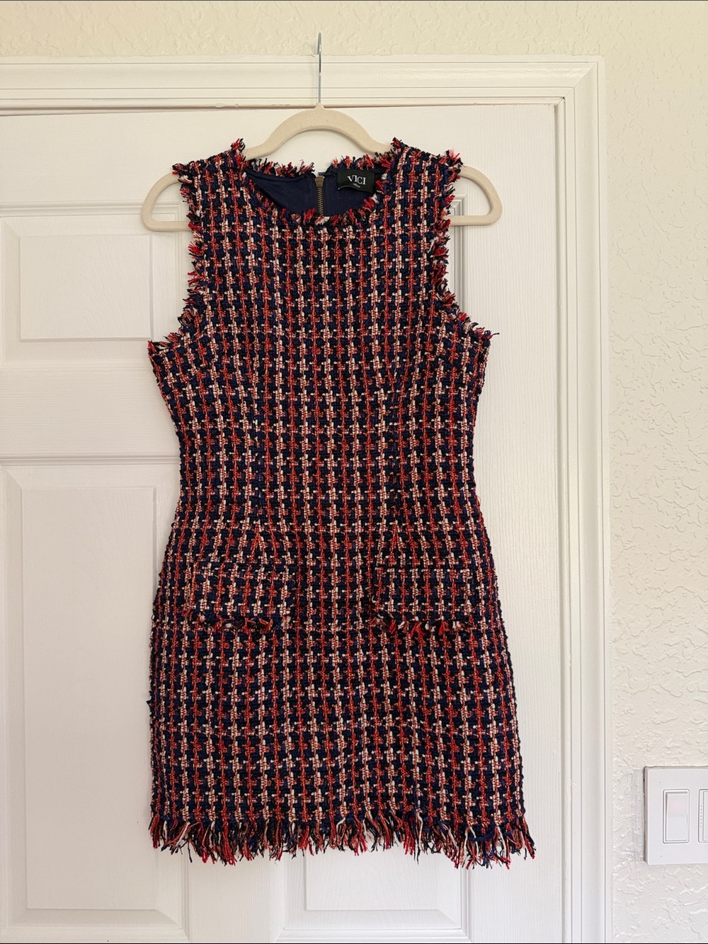 Vici Navy & Red Tweed Shift Dress with Fringe Trim